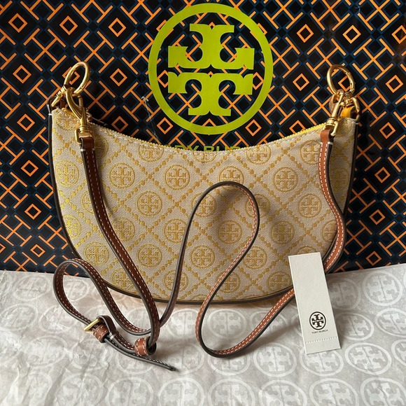 Tory Burch Handbags - Tory Burch Beige and Brown Logo Jacquard Crossbody Bag